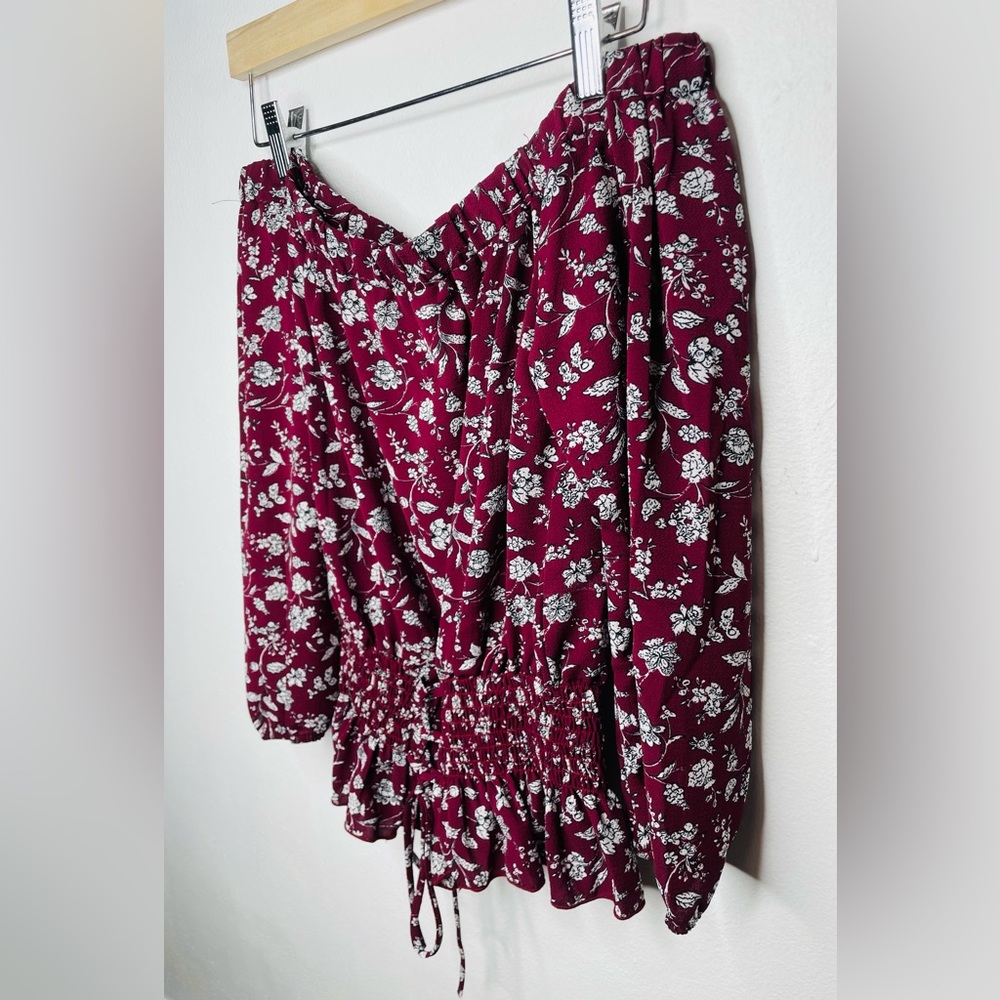 Chocolate  Women’s Strapless Floral Maroon Long Sleeve Top w/Front Tie. - Picture 3 of 5